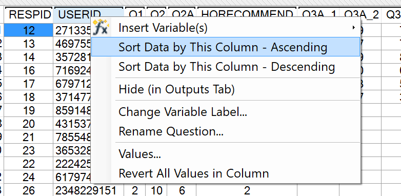 Sorting in the data tab