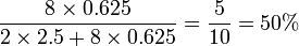 \frac{8 \times 0.625}{2 \times 2.5 + 8 \times 0.625} = \frac{5}{10} = 50\%